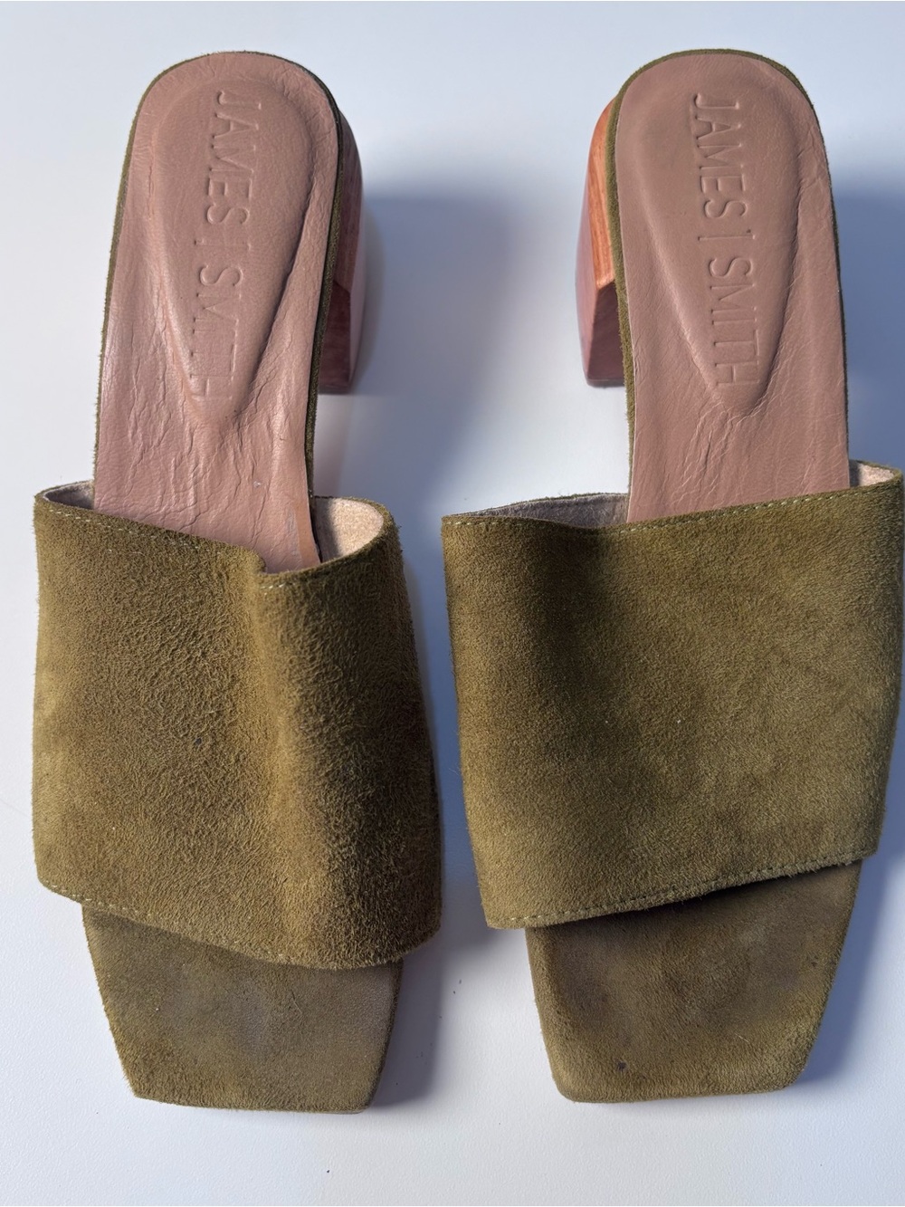 James Smith Olive Green Suede Wooden Block Heel Mule Sandals
